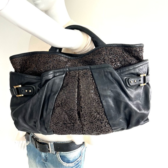 CC SKYE USA Black w Brown Cutout Laser Cut Leather Oversized Shoulder Bag Tote - Picture 11 of 14